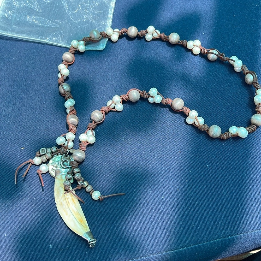 Boho pearl, bone and leather statement necklace
